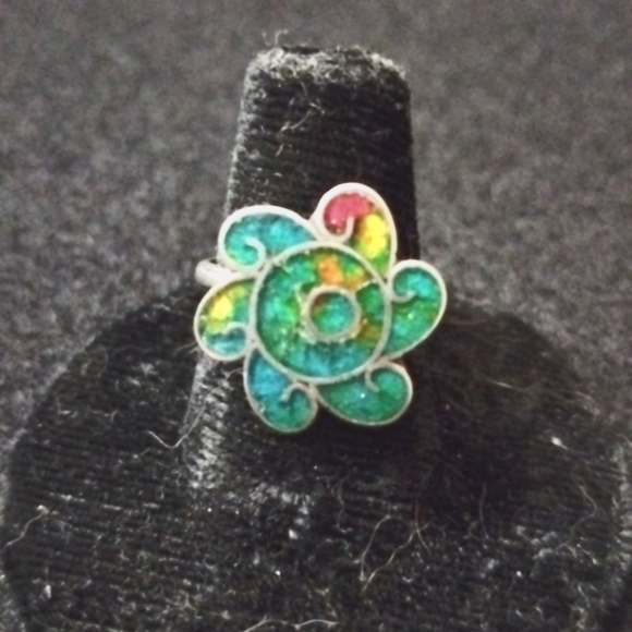 Jewelry - Vintage JRL Mexico 925 Turquoise flecked Inlay adjustable ring Floral pattern